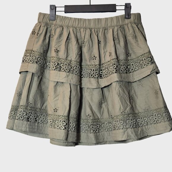 Lucky Brand Olive Green Layered Mini Skirt sz Medium NWT Goblincore Embroidered - Picture 3 of 8